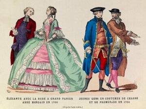 À gauche : Élégante avec une grande robe à panier, abbé mondain en 1760 / À droite : Jeunes hommes en costume de chasse et de promenade en 1760 (règne de Louis XV) - Collection privée - Anonymous Anonymous