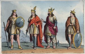 Les Mérovingiens - Dynastie mérovingienne - Pharamond ou Faramund - Chlodio (Clodius, Clodion, Cloio ou Chlogio) (Clodion le Chevelu) - Mérovée (Mérovée ou Mérowig) et Clovis - gravure de "Usi e Costumi di Tutti i Popoli dell