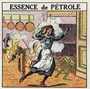 Sources de lumière : une femme prend feu en manipulant une lampe à pétrole. Illustration anonyme de 1925. Collection privée.