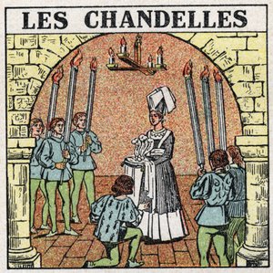 Sources de lumière : bougies utilisées au Moyen Âge. Illustration anonyme de 1925. Collection privée.