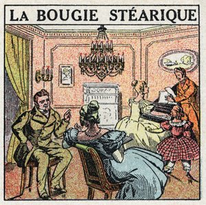 Sources de lumière : la bougie stéarique utilisée sur les chandeliers au XIXe siècle. Illustration anonyme de 1925. Collection privée. - Anonymous Anonymous