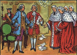 Louis XV (1710-1774), roi de France, annule les décisions du parlement. Illustration anonyme dans « Collection des souverains et chefs d