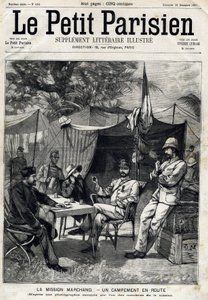 Camp de la mission Marchand : Jean-Baptiste Marchand (1863-1934), le capitaine Baratier à sa gauche et le lieutenant Victor Emmanuel Largeau (1867-1916) et le capitaine Germain à sa droite. Dans « Le Petit Parisien » du 26/12/1897. Collection privée - Anonymous Anonymous