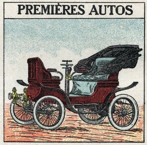 Traction mécanique : les premières voitures à essence inventées en 1895 par Panhard et Levassor. Illustration anonyme de 1925. Collection privée. - Anonymous Anonymous
