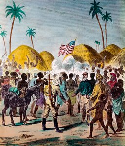 Rencontre du journaliste Henry Morton Stanley (1841-1904) et de David Livingstone (1813-1873), médecin et explorateur britannique, le 10/11/1871 en Tanzanie. Gravure du 19ème siècle Collection privée - Anonymous Anonymous