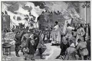 Moscou, incendie dans le faubourg de Kaluga : le clergé orthodoxe présentant les Saintes Images (Saintes Images) pour tenter de protéger la ville et les pompiers combattant le feu. Gravure dans "Le monde illustré" de 1892. Collection privée. - Anonymous Anonymous