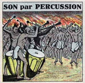 Instruments de musique : joueurs de percussions dans un village africain. Illustration anonyme de 1925. Collection privée.