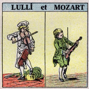 Instruments de musique: instruments à cordes frottées. Jean Baptiste Lully (Giovanni Battista Lulli) (1632-1687) et Wolfgang Amadeus Mozart (1756-1791) jouant du violon. Illustration anonyme de 1925. Collection privée