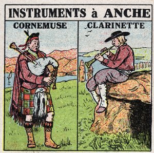 Instruments de musique : instruments à vent à la hanche. Joueurs de pipeau et de clarinette. Illustration anonyme de 1925. Collection privée - Anonymous Anonymous