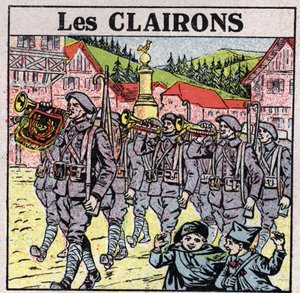 Instruments de musique : instruments à vent avec une embouchure en jarre. Joueurs de clairon pendant une course militaire. Illustration anonyme de 1925. Collection privée.