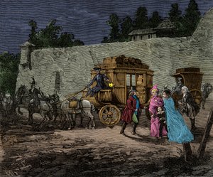 Fuite nocturne de la famille royale à Varennes en 1791, Gravure, Collection privée