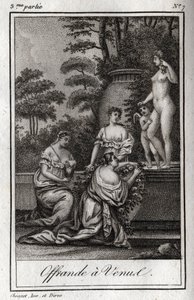 Offrande à Vénus. Petits amours (angelots) se rassemblent pour rendre hommage à la déesse Aphrodite. Gravure de 1819 dans "Lettres à Emilie sur la mythologie" par Charles Albert Demoustier (1760-1801). Collection privée. - Anonymous Anonymous