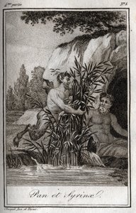 Pan et la nymphe Syrinx transformée en roseaux. Gravure de 1819 dans "Lettres à Émilie sur la mythologie" par Charles Albert Demoustier (1760-1801). Collection privée. - Anonymous Anonymous
