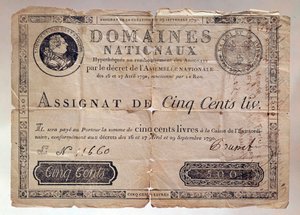 Billet émis pendant la Révolution française : une assignation de 500 livres de 1790. Collection privée