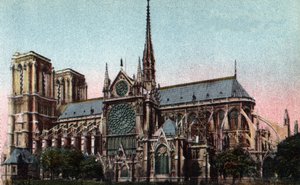Paris : vue extérieure de la Cathédrale Notre-Dame, côté sud. Architecture gothique. Photographie de 1920 dans « Artistic Album » de la ville de Paris. Collection privée.