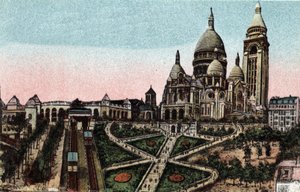 Paris : funiculaire et Basilique du Sacré-Cœur sur la Butte Montmartre. Photographie de 1920 dans "Album Artistique" de la ville de Paris. Collection privée.