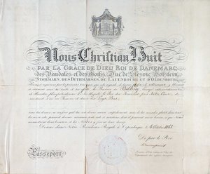 Passeport par le roi du Danemark Christian VIII datant de 1845.