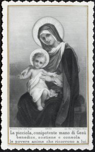 Image pieuse : Jésus enfant dans les bras de sa mère Marie (gravure)
