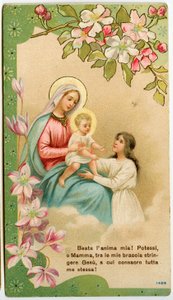 Image pieuse : Vierge avec enfant, une fille pieuse prend Jésus dans ses bras (chromolithographie) - Anonymous Anonymous