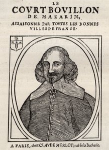 Pamphlets politiques Mazarinade (pamphlet politique sous la Fronde), image populaire contre Mazarin à propos de sa retraite à Bouillon (Le court bouillon de Mazarin). Collection privée.