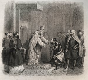 Le pape Saint Pie V (Pie ou Pio) (1566-1572) reçoit le vainqueur de la bataille de Lépante. Gravure de 1846 dans « Vies des saints ». Collection privée. - Anonymous Anonymous