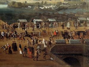 Chaises à porteurs et foule sur le Pont Neuf à Paris au XVIIe siècle (détail)