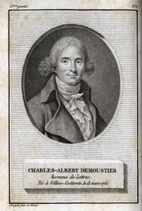 Portrait de Charles Albert Demoustier (1760-1801) écrivain français. Gravure de 1819 dans "Lettres à Emilie sur la mythologie" par Charles Albert Demoustier (1760-1801). Collection privée.