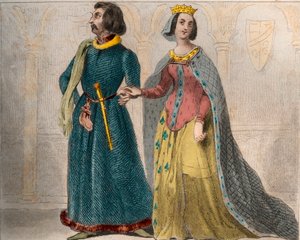 Portrait de Charlotte de Savoie (1441-1483) Reine de France, avec Louis XI de France, dit le Prudent (1423-1483). Gravure de 1859 dans « Le Monde. Histoire de tous les peuples depuis les temps les plus reculés jusqu