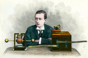 Portrait de Guglielmo Marconi (1874-1937), physicien italien, inventeur du télégraphe. Gravure vers 1900. Collection privée