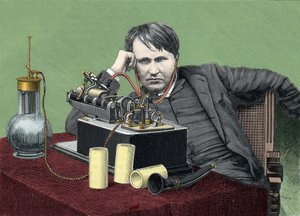Portrait de Thomas Edison (1847-1931), physicien américain, avec son phonographe. Gravure vers 1900. - Anonymous Anonymous