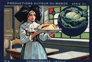 Productions autour du monde : choucroute en Alsace. Chromolithographie de 1933 dans « Album Joseph-Milliat »