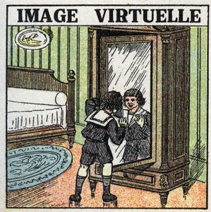 Réflexion de la lumière : image virtuelle. Un enfant contemplant son reflet dans un miroir. Illustration anonyme de 1925. Collection privée.