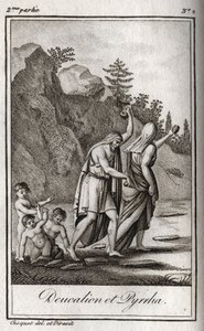 Représentation de Deucalion et Pyrrha, les seuls survivants après le déluge causé par Zeus pour détruire la race humaine. Thémis après le déluge leur demande de marcher la tête couverte en jetant derrière eux les os de leur mère (les pierres de la Terre). - Anonymous Anonymous