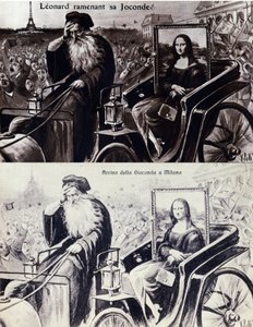 Représentation de Léonard de Vinci ramenant son œuvre « La Joconde » après le vol par Vincenzo Peruggia le 21/08/1911. Carte postale comique