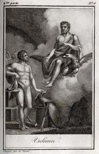 Représentation de Vulcain, dieu du feu, de la forge et des volcans. Gravure de 1819 dans "Lettres à Emilie sur la mythologie" par Charles Albert Demoustier (1760-1801). Collection privée.