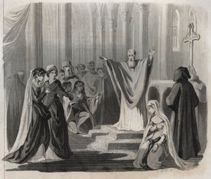 Saint Dunstan (ca. 909-988), évêque de Canterbury, bénédictin et réformateur de la vie monastique en Angleterre, annonçant sa mort imminente au peuple. Gravure de 1846 dans « Vies des saints ». Collection privée. - Anonymous Anonymous