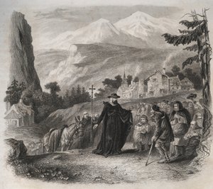 Saint François de Sales (1567-1622), évêque de Genève en visite pastorale. Gravure de 1846 dans "Vies des saints". Collection privée. - Anonymous Anonymous