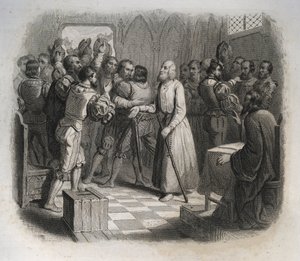 Saint Nicolas de Flue ou Frère Klaus (1417-1487), ermite suisse réconciliant les confédérés suisses sur le point de déclencher la guerre civile. Gravure de 1846 dans « Vies des saints ». Collection privée. - Anonymous Anonymous