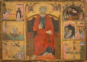 Saint Pierre sur un trône entouré de scènes bibliques - Anonymous Anonymous