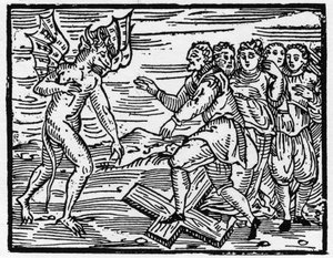 Satan force ses futurs disciples à marcher sur la croix - « Compendium Maleficarum », traite des sorcières, de leurs maux et de leurs sortilèges par Francesco Maria Guazzo ou Guaccio ou Guaccius (15?? -16??) 1608 Collection privée