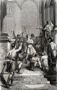 Saturnin de Toulouse (Saint Sernin, premier évêque chrétien de Toulouse) (IIIe siècle) arrêté au Capitole de Toulouse - Gravure de 1846 dans « Vies des saints ». Collection privée
