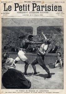 Sport, Boxe : Un combat de boxe en Angleterre entre Peter Jackson et le champion australien Frank Slavin. Gravure du journal « Le Petit Parisien » le 12/06/1892. Collection privée.