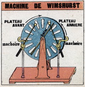 Machines statiques : machine de Wimshurst, machine électrostatique inventée en 1882 par James Wimshurst (1832-1903). Illustration anonyme de 1925. Collection privée. - Anonymous Anonymous