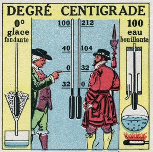 Température et expansion: degré centigrade. Comparaison entre degrés Fahrenheit et degrés Celsius. Illustration anonyme de 1925. Collection privée. - Anonymous Anonymous