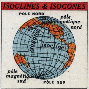 Magnétisme terrestre : carte magnétique montrant les isoclines et les isogones. Illustration anonyme de 1925. Collection privée. - Anonymous Anonymous