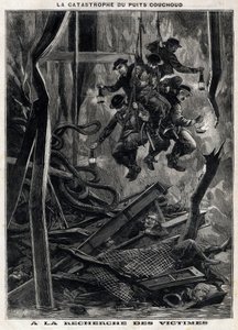 La catastrophe du puits Couchoud : les sauveteurs partent à la recherche des victimes dans une des mines de la Peronnière à Grand Croix près de Saint-Étienne. Gravure. Dans "Le Petit Parisien" - Anonymous Anonymous