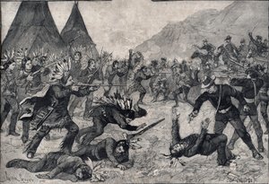 La révolte indienne aux États-Unis : un combat entre les Indiens Sioux et les troupes américaines. Gravure dans "Le petit Parisien" de 1891. Collection privée. - Anonymous Anonymous
