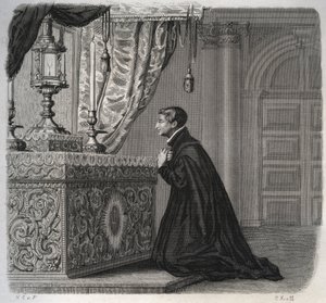 Le jésuite italien Louis de Gonzague (San Luigi Gonzaga) (1568-1591) en prière. Gravure de 1846 dans "Vies des saints". Collection privée.