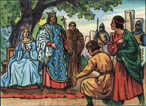 Le Roi de France Saint Louis (Louis IX 1214-1270) rendant justice sous le chêne du Bois de Vincennes. Illustration anonyme dans « Collection des souverains et chefs d