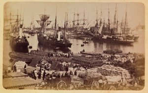 La ville de Marseille et ses environs vers 1885-1890 : Bassin de la Joliette, embarquement de cargaison sur des chats
